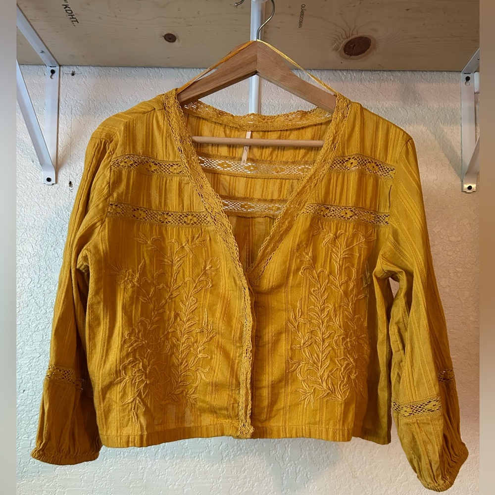 Free People Mustard Embroidered Blouse